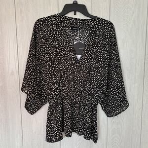 Mittoshop Faux Wrap Black Cream Blouse Large NWT